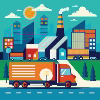 an illustration of a truck driving through a city vector
