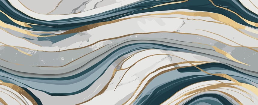 Liquid abstract blue, white and gold marble banner. Trendy alcohol ink painting background print with golden glitter splatter texture vector