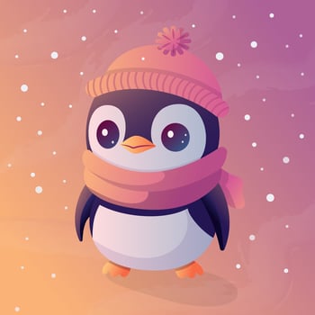 Penguin in a hat. Cute winter characte illustration with trendy gradient. vector