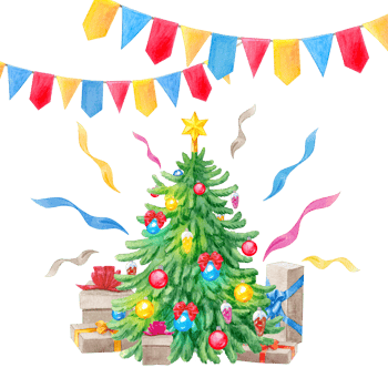 Watercolor Christmas tree with multicolored balls, garlands and gift boxes for design of Christmas cards png