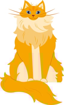 Cartoon illustration of a fluffy ginger cat sitting majestically with captivating blue eyes, long fur, and a bushy tail, exuding charm and elegance vector
