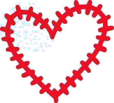 Red stitched heart shape symbolizing love, healthcare, and emotional healing rests on a clean white background, evoking feelings of compassion, tenderness, and well being vector