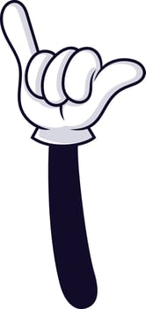Cartoon hand gesturing with thumb and little finger extended, representing the shaka sign, often linked to surfing and Hawaiian culture, expressing coolness and aloha vector