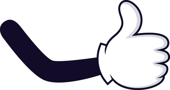 Cartoon hand with white glove showing thumb up, giving positive feedback, like, approval, agreement or support, isolated on white background vector