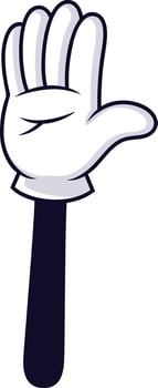 Cartoon gloved hand featuring four fingers extended, suggesting counting, voting, or greeting with a high five, set against a clean white background for emphasis vector