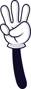 Cartoon hand wearing a white glove and showing three fingers gesture, counting or expressing a quantity with a simple yet effective communication vector