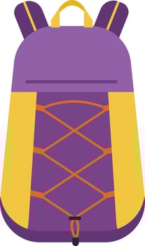 Hiking backpack with adjustable orange straps and a small pocket on the front, ideal for camping, trekking and outdoor activities, featuring a purple body and yellow details vector