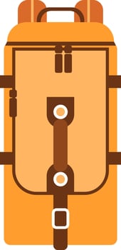 Orange backpack featuring a front view with brown straps, buckles, and zippers, isolated against a white background, perfect for travel and adventure themes vector
