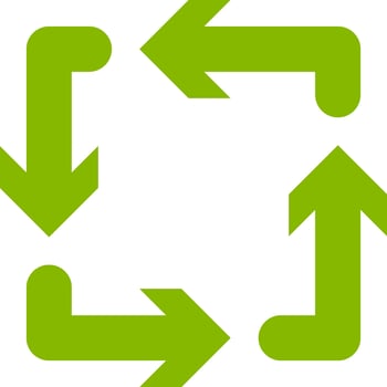 Four green arrows rotating in a clockwise direction create a seamless loop, representing a cyclical process of infinite renewal and dynamic transformation vector