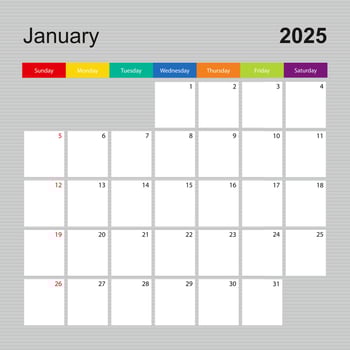 Calendar page for January 2025, wall planner with colorful design. Week starts on Sunday. vector