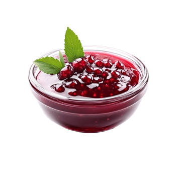 A bowl of pomegranate jam with a leaf on top png