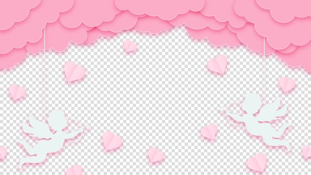 Pink clouds and red hearts with cupid on a transparent background. Perfect for Valentine's Day cards or wedding invitations. vector