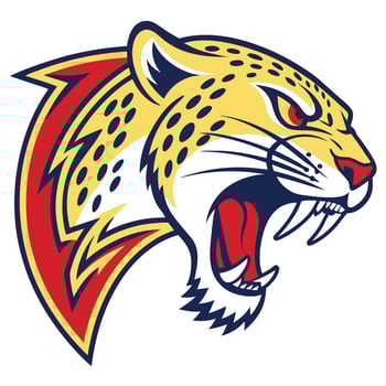 the jaguar head is shown in a red, yellow and blue color scheme vector
