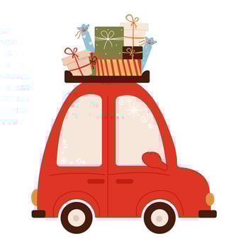 Cute red car carries a lot of gifts. Birthday and Christmas icon. Color illustration on a white background. vector