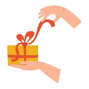 Hands wrapping a holiday present. Birthday gift box packaging. Preparation for Christmas or New Year celebration. Flat isolated illustration. vector