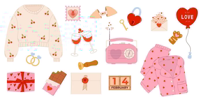 Cute set of romantic elements for Valentine's Day. Scrapbooking elements for Valentine's Day heart, prediction cookies, gift, Dubai chocolate, pajamas, love envelope. illustrations for Valentine's Day vector