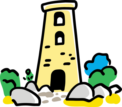 Old Stone Tower Amidst Rocks and Greenery - Simple Cartoon Illustration png