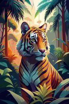 Majestic Tiger in a Lush Jungle with Vibrant Foliage and Serene Mountain Range vector