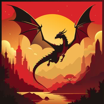 Majestic Dragon Flying Over Mystical Castle During Sunset Scene vector