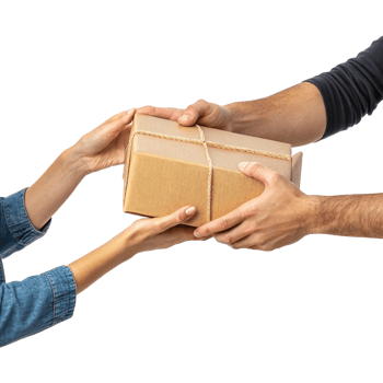 Delivery concept with male hands handing over a package to female hands transparent background png
