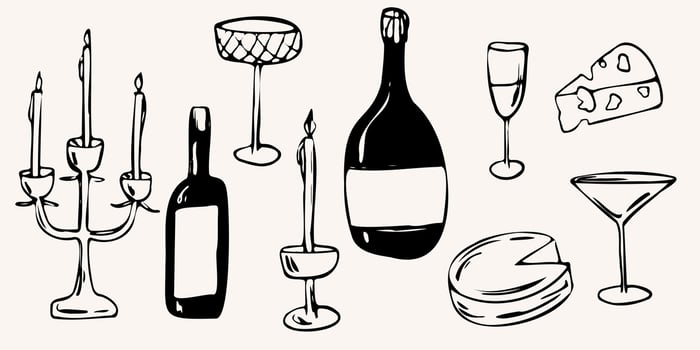 hand drawn sketch illustration of candles, wine bottles, glasses, and cheese in a minimalist style. The monochrome outlines ideal for menus, logos, packaging, posters, and invitations vector