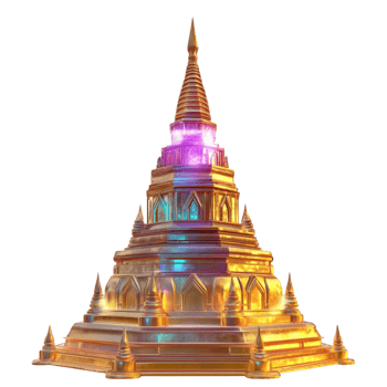a golden pagoda with a rainbow light on top png