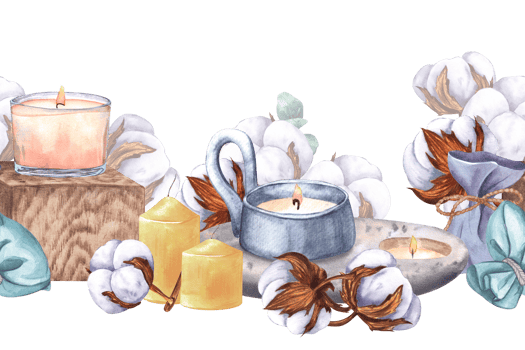 Dry cotton bolls, various candles and sachets. Seamless pattern, border hand-drawn watercolor illustration. For decor, design, textile, printing, wallpaper png