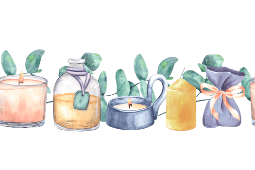 Eucalyptus branches, various candles, sachets and a bottle with liquid, oil. Seamless pattern, border hand-drawn watercolor illustration. For decor, design, textiles, printing, souvenirs png