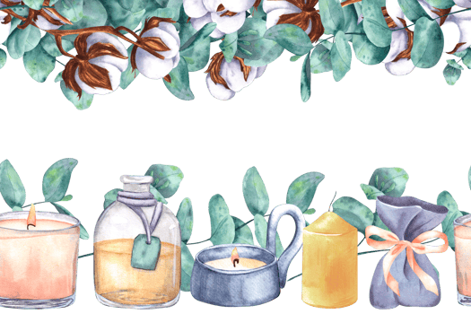 Eucalyptus branches and dry cotton boxes, various candles, sachets and a bottle with oil. Seamless pattern, border, frame, hand-drawn watercolor illustration. For decor, design, textiles, printing png