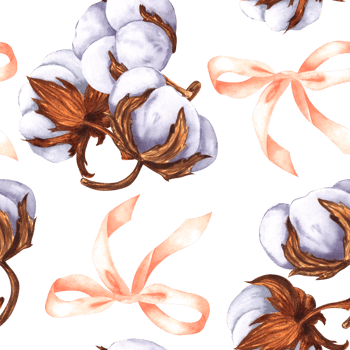 Dry cotton bolls and silk pink ribbon. Seamless pattern, hand-drawn watercolor illustration. For decor, design, textile, printing, wallpaper png