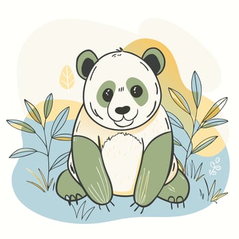 A panda bear sitting in the grass with leaves vector