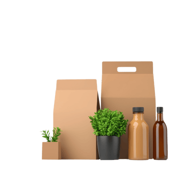 A collection of eco-friendly packaging materials, including cardboard boxes, a plant, and glass bottles, showcasing sustainable storage solutions. png