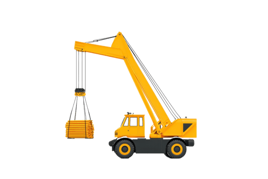A yellow construction crane lifting a load of wooden beams. png