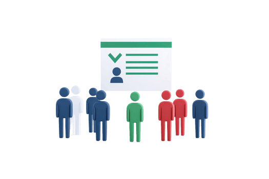 A group of diverse figures stands in front of a displayed identification card, symbolizing identity verification and organization. png