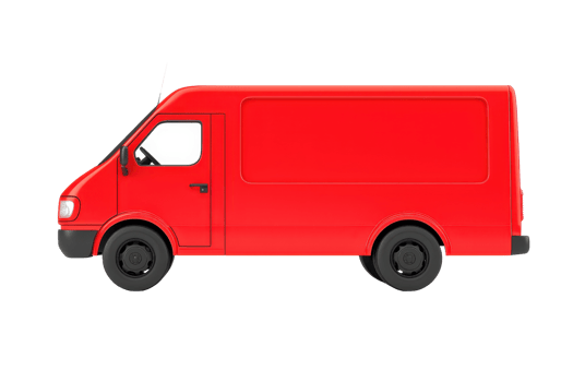 A bright red delivery van with a simple design and sturdy wheels, showcasing a functional and modern appearance. png