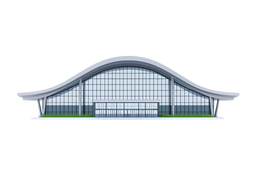 A modern architectural structure featuring a curved roof and large glass windows. png
