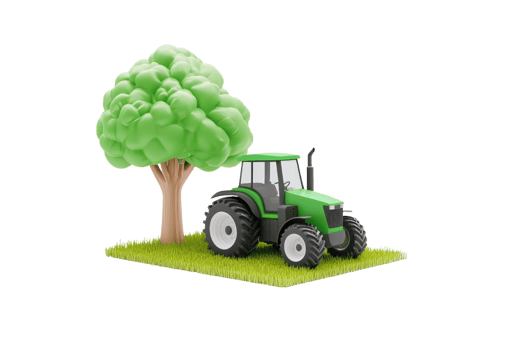 A green tractor positioned next to a stylized tree, set on a patch of grass. png