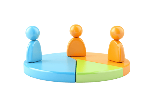 Colorful figures on a segmented pie chart represent teamwork and collaboration. png