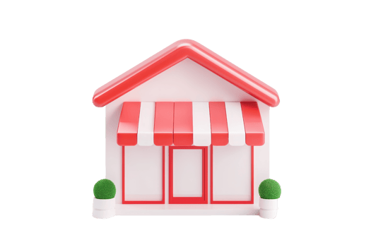 A colorful, miniature shop model featuring a red roof and striped awnings, complemented by decorative green shrubs on either side. png