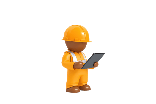 A construction worker in a yellow uniform and hard hat, holding a tablet while standing. png