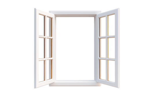 A white window with two open panes, showcasing a straightforward design and clean lines. png