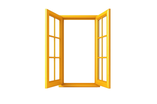 A bright yellow window with open shutters, showcasing a symmetrical design and a vibrant color. png