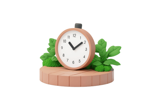 A round clock with a white face and black numbers, surrounded by green leaves, set on a circular wooden base. png
