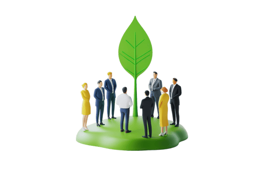 A group of business professionals gathered around a green leaf symbolizing growth and sustainability. png