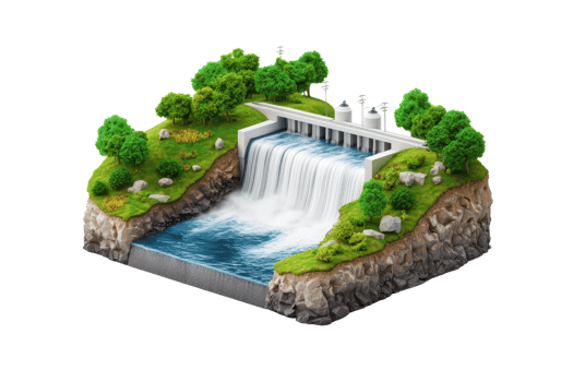 A detailed miniature model of a waterfall cascading down rocks, surrounded by lush green trees and a small dam structure. png
