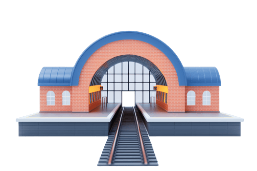 A colorful train station model featuring an arched roof, large windows, and tracks leading into the entrance. png