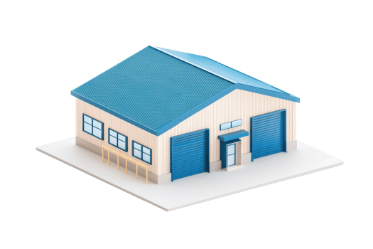 A small model of a building featuring a blue roof and garage doors, with detailed windows and a simplistic architectural design. png