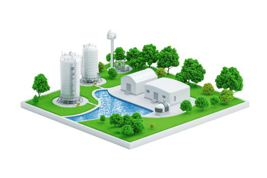 A miniature industrial scene featuring silos, a processing building, and trees surrounding a flowing water feature. png