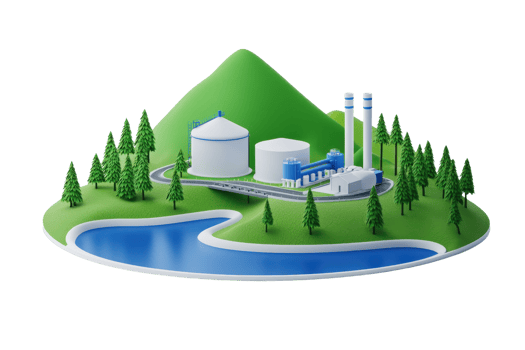 A miniature landscape featuring a factory, storage tanks, trees, and a river, all set against a green hill. png