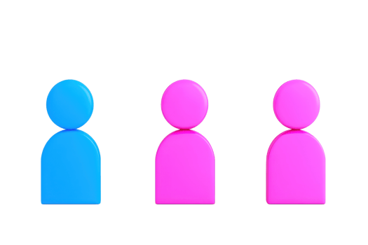 Three stylized figures in blue and pink, resembling simplistic human shapes, arranged in a row against a solid color. png